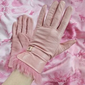 Pink Leather Gloves with Rabbit Fur Trim